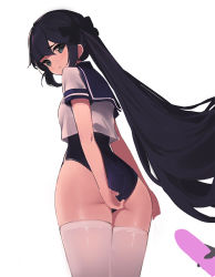 Rule 34 | 1girl, ass, black hair, black one-piece swimsuit, blue eyes, bow, breasts, closed mouth, commentary, cowboy shot, crop top, crop top overhang, from behind, genshin impact, hair bow, long hair, looking at viewer, looking back, mona (genshin impact), no headwear, no headwear, one-piece swimsuit, ponytail, prpr friends, sailor collar, sailor shirt, shirt, short sleeves, simple background, small breasts, solo, swimsuit, thighhighs, thighs, very long hair, white background, white shirt, white thighhighs