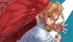 Rule 34 | 1boy, beard, blonde hair, blue background, boku no hero academia, commentary request, facial hair, facial mark, feathered wings, feathers, hawks (boku no hero academia), headphones, headphones around neck, highres, male focus, multicolored hair, red feathers, red wings, shirt, smile, solo, two-tone hair, upper body, white background, wings, yellow eyes, yomoyama yotabanashi