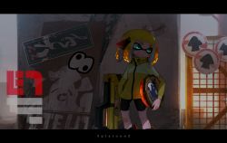 Rule 34 | 1girl, arms at sides, bad id, bad pixiv id, bandaid, bandaid on face, bandaid on knee, bandaid on leg, bike shorts, black shorts, blonde hair, blunt bangs, closed mouth, copyright name, cowboy shot, day, expressionless, glowing, graffiti, green eyes, headphones, high collar, highres, holding, holding weapon, inkling, inkling girl, inkling player character, jacket, kashu (hizake), letterboxed, long sleeves, looking to the side, multicolored hair, nintendo, orange hair, outdoors, road sign, short hair, shorts, sign, solo, splatoon (series), splatoon 2, squidbeak splatoon, standing, tentacle hair, wall, weapon, zipper