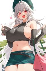 Rule 34 | 1girl, absurdres, armpit crease, bag, bare shoulders, belt, black shirt, breasts, cleavage, cowboy shot, crop top, cup, detached sleeves, disposable cup, fang, green hat, green skirt, hands up, hat, heart, highres, holding, holding cup, jewelry, large breasts, long hair, long sleeves, looking at viewer, midriff, miniskirt, nail polish, navel, necklace, no bra, open mouth, original, panties, panty peek, pencil skirt, pink nails, plaid, plaid skirt, prada (brand), red eyes, ribbed shirt, ribbed sleeves, see-through, see-through cleavage, shirt, shoulder bag, sideboob, simple background, skirt, sleeveless, sleeveless shirt, sleeves past wrists, smile, solo, standing, stomach, sweat, thighs, timy, underwear, very long hair, white background, white hair, white panties