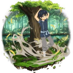 Rule 34 | 1boy, against tree, aged down, arms behind head, arms up, black eyes, black hair, black shirt, day, full body, grey pants, hair between eyes, highres, kirito, lake, looking at viewer, male focus, official art, outdoors, pants, shirt, short sleeves, smile, solo, standing, sword art online, transparent background, tree