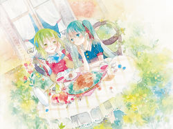 Rule 34 | 2girls, alcohol, alternate costume, apple, bird, blue eyes, blue hair, blue shirt, blush, chair, cherry, chicken, cup, curtains, drinking glass, dutch angle, eating, elbows on table, finger to own chin, floral print, flower, food, fork, frills, fruit, garden, grass, green eyes, green hair, gumi, hair ribbon, hand on own cheek, hand on own face, hatsune miku, head tilt, holding, holding fork, leaf, long hair, long sleeves, looking at another, meal, meat, multiple girls, nature, on chair, outdoors, painting (medium), pear, plaid, plant, plate, railing, red shirt, rei (456789io), ribbon, shirt, short hair, short sleeves, sitting, smile, tablecloth, traditional media, twintails, upper body, vase, very long hair, vines, vocaloid, watercolor (medium), window, wine, wine glass