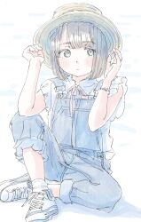 1girl :/ blunt_bangs blush bob_cut brown_eyes brown_hair commentary_request crossed_ankles dot_nose expressionless full_body hands_up hat highres looking_to_the_side original overalls overalls_rolled_up poranka_(porankaran) short_hair simple_background sitting solo white_background