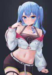 Rule 34 | 1girl, alternate hairstyle, arm at side, black choker, black shorts, black tank top, blue eyes, blush, choker, contrapposto, cosplay, crop top, cropped jacket, embarrassed, highres, hololive, hoshimachi suisei, jacket, long hair, long sleeves, looking at viewer, midriff, multicolored nails, nail polish, navel, o-ring, o-ring choker, off shoulder, partially unzipped, pink nails, short shorts, shorts, solo, star (symbol), star in eye, symbol in eye, tank top, tokoyami towa, tokoyami towa (1st costume), tokoyami towa (cosplay), typho, virtual youtuber, white jacket, yellow nails