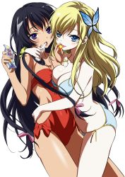 Rule 34 | 10s, 2girls, :p, absurdres, arm around neck, asymmetrical docking, bare shoulders, bikini, black hair, blonde hair, blue bikini, blue eyes, blush, boku wa tomodachi ga sukunai, breast press, breasts, bug, butterfly, butterfly hair ornament, candy, casual one-piece swimsuit, cleavage, cloud, extraction, feeding, food, fujii maki, hair ornament, halterneck, hand on own hip, highres, hug, incredibly absurdres, insect, kashiwazaki sena, licking, long hair, medium breasts, mikazuki yozora, multiple girls, navel, ocean, one-piece swimsuit, open mouth, purple eyes, red one-piece swimsuit, side-tie bikini bottom, string bikini, swimsuit, tongue, tongue out, transparent background, vector trace, very long hair, yuri