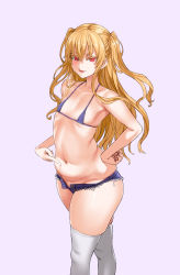 Rule 34 | 1girl, asanagi, belly, bikini, blonde hair, commentary request, denim, denim shorts, fang, feet out of frame, flat chest, hand on own hip, highres, lips, long hair, looking at viewer, micro bikini, micro shorts, navel, no panties, open fly, original, parted lips, plump, pointing, red eyes, shorts, skindentation, swimsuit, thighhighs, twintails, white thighhighs
