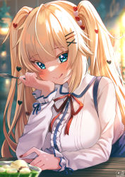 Rule 34 | 1girl, :q, akai haato, akai haato (1st costume), aqua eyes, blonde hair, blurry, blurry background, blurry foreground, blush, breasts, commentary request, depth of field, hair ornament, hairpin, hand on own cheek, hand on own face, head rest, heart, heart hair ornament, highres, holding, holding spoon, hololive, large breasts, long hair, long sleeves, looking at viewer, magowasabi, nail polish, red nails, red ribbon, ribbon, shirt, signature, smile, solo, spoon, tongue, tongue out, twintails, twitter username, upper body, virtual youtuber, white shirt, x hair ornament