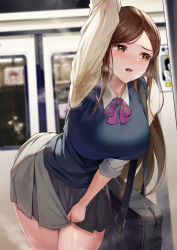 Rule 34 | 1girl, absurdres, arm up, bag, blush, brown hair, commission, full-face blush, grey skirt, have to pee, highres, long hair, looking afar, mute (mute89539160), neck ribbon, original, pee, peeing, peeing self, pixiv commission, ribbon, school bag, school uniform, skirt, skirt tug, steaming body, straight hair, sweat, sweater vest, tearing up, tears, train interior, very long hair
