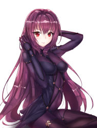 Rule 34 | 1girl, adjusting hair, arched back, bencao gangmu (19), blush, breasts, fate/grand order, fate (series), highres, impossible clothes, long hair, looking at viewer, medium breasts, purple hair, red eyes, scathach (fate), sitting, smile, solo, very long hair