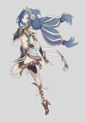 Rule 34 | 1girl, blue eyes, blue hair, closed mouth, commentary request, dana iclucia, full body, george man, grey background, high heels, highres, long hair, looking at viewer, low-tied long hair, low twintails, navel, simple background, solo, standing, standing on one leg, tiara, twintails, ys, ys viii lacrimosa of dana