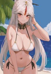 Rule 34 | 1girl, absurdres, alternate costume, bare shoulders, bikini, blush, breasts, genshin impact, hair ornament, hair stick, highres, large breasts, long hair, narrow waist, navel, ningguang (genshin impact), nvl, parted bangs, red eyes, sideboob, sidelocks, smile, solo, stomach, swimsuit, thick thighs, thighs, very long hair, white bikini, white hair, wide hips