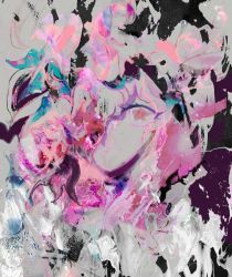 Rule 34 | 1girl, abstract, commentary, flower in eye, fu~ai, looking at viewer, one eye covered, pink eyes, pink hair, portrait, psychedelic, saigyouji yuyuko, short hair, solo, symbol in eye, touhou, traditional media