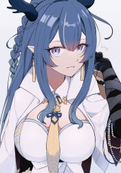 Rule 34 | 1girl, arknights, black skin, blue eyes, blue hair, blue horns, braid, breasts, coat, colored skin, dragon girl, dragon horns, earrings, grey background, hair between eyes, highres, horns, jacket, jewelry, large breasts, ling (arknights), long hair, looking at viewer, necktie, open clothes, open coat, pointy ears, purple eyes, sima (164s25), simple background, smile, solo, upper body, yellow necktie