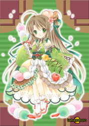 Rule 34 | 1girl, bow, brown hair, cherry, cherry blossoms, chocolate syrup, dango, detached sleeves, dress, flower, food, food-themed hair ornament, food-themed ornament, frilled dress, frills, fruit, full body, green bow, hair bow, hair flower, hair ornament, highres, layered dress, long hair, looking at viewer, original, parfait, personification, pocketland, red bow, sanshoku dango, shoes, skewer, solo, standing, striped, striped bow, tamagoboro, traditional media, wagashi, white footwear