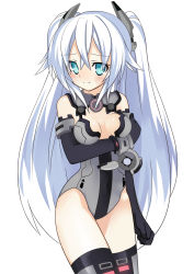 Rule 34 | 10s, 1girl, absurdres, aqua eyes, armlet, bare shoulders, black gloves, black heart (neptunia), blue eyes, blush, breast hold, breasts, cleavage, cleavage cutout, clenched hand, clothing cutout, cowboy shot, elbow gloves, embarrassed, female focus, gloves, hair between eyes, hair ornament, halterneck, highres, kami jigen game neptune v, leotard, light smile, long hair, looking at viewer, magical girl, meimu (infinity), neptune (series), noire (neptunia), power symbol, power symbol-shaped pupils, raised eyebrows, simple background, small breasts, smile, solo, symbol-shaped pupils, thighhighs, turtleneck, twintails, vambraces, very long hair, white background, white hair