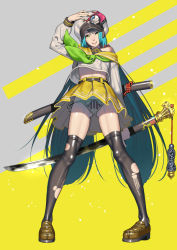 Rule 34 | 1girl, black socks, blue hair, closed mouth, full body, gluteal fold, green neckerchief, grey background, hat, holding, holding sword, holding weapon, katana, kneehighs, lace, lace-trimmed panties, lace trim, legs apart, loafers, long hair, long sleeves, looking at viewer, neckerchief, off shoulder, ogino (oginogino), original, panties, pantyshot, sailor collar, scabbard, sheath, shoes, skirt, smile, socks, solo, standing, striped clothes, striped panties, sword, torn clothes, torn legwear, underwear, vertical-striped clothes, vertical-striped panties, very long hair, weapon, yellow background, yellow eyes, yellow skirt