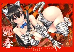 Rule 34 | 1girl, 2022, animal ears, animal print, ban linka, black hair, blue bow, blue bowtie, bow, bowtie, breasts, chinese zodiac, cleavage, closed mouth, colt 1851 navy, commentary, english text, fake animal ears, fake tail, fingerless gloves, floral background, folding fan, gloves, gun, hair ornament, hairclip, halterneck, hand fan, handgun, happy new year, high heels, highres, holding, holding fan, holding gun, holding weapon, large breasts, leotard, long hair, looking at viewer, lying, new year, on side, print gloves, print leotard, print thighhighs, revolver, smile, solo, tail, tapioca western, thighhighs, tiger ears, tiger print, tiger tail, tokihama jirou, translated, weapon, white footwear, white gloves, white leotard, white thighhighs, wing collar, year of the tiger