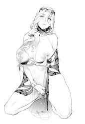 Rule 34 | 1girl, bare shoulders, bikini, bikini pull, black bikini, blush, bracelet, breasts, carmilla (fate), carmilla (swimsuit rider) (fate), carmilla (swimsuit rider) (third ascension) (fate), choker, clothes pull, earrings, eyewear on head, fate/grand order, fate (series), female masturbation, greyscale, jewelry, kneeling, large breasts, long hair, looking at viewer, masturbation, monochrome, moopiekun, navel, parted bangs, pussy juice, see-through, simple background, solo, sunglasses, swimsuit, thighs, white background