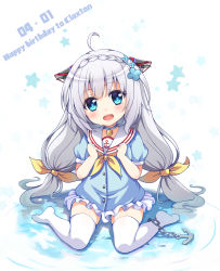 Rule 34 | ahoge, animal ears, bell, blue dress, blue eyes, blush, braid, buttons, claxton (warship girls r), clenched hands, collar, crown braid, dress, english text, fake animal ears, grey hair, hair ornament, hairband, hands on own chest, hasu (velicia), highres, long hair, looking at viewer, neck bell, no shoes, open mouth, pleated dress, sailor collar, simple background, sitting, sitting on lap, sitting on person, smile, solo, star (symbol), thighhighs, warship girls r, white thighhighs