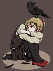 Rule 34 | 1girl, awk chan, bad id, bad twitter id, bird, blonde hair, crow, highres, long sleeves, red eyes, red footwear, red ribbon, ribbon, rumia, short hair, simple background, solo, thighhighs, touhou