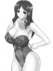 Rule 34 | 1girl, armpits, bare shoulders, blush, breasts, cleavage, corset, curvy, greyscale, highres, hip focus, iruma kamiri, large breasts, leotard, lingerie, long hair, monochrome, simple background, smile, solo, strapless, teddy (lingerie), underwear, undressing, white background, wide hips