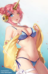 Rule 34 | 1girl, :o, bare shoulders, bikini, blue background, blue bikini, blue eyes, blush, breasts, character name, cleavage, collarbone, copyright name, covered erect nipples, cowboy shot, double bun, dutch angle, fang, fate/apocrypha, fate/grand order, fate (series), frankenstein&#039;s monster (fate), frankenstein&#039;s monster (swimsuit saber) (fate), frankenstein&#039;s monster (swimsuit saber) (first ascension) (fate), gradient background, hair bun, hair ornament, hairclip, headgear, heterochromia, highres, holding, horns, l.bou, looking at viewer, medium breasts, navel, open mouth, parted bangs, pink hair, revision, short hair, side-tie bikini bottom, single horn, solo, standing, stomach, swimsuit, thigh strap, wet, yellow eyes