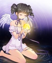 Rule 34 | 1girl, angel wings, artist name, bare legs, bare shoulders, black hair, choker, closed eyes, closed mouth, collarbone, crying, dress, drill hair, drill sidelocks, eyelashes, feathered wings, fingernails, full moon, full moon wo sagashite, glowing, gradient background, highres, kouyama mitsuki, lavender dress, moon, pita (ppp), puffy short sleeves, puffy sleeves, purple background, purple dress, purple ribbon, ribbon, ribbon choker, short sleeves, sidelocks, sitting, solo, tears, twin drills, wariza, white wings, wings