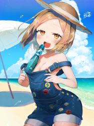 Rule 34 | 1girl, absurdres, bare arms, bare shoulders, beach, blonde hair, blue sky, blush, breasts, brown eyes, cloud, collarbone, commentary request, day, fate/grand order, fate (series), hat, highres, holding, leaning forward, looking at viewer, naked overalls, nipple slip, nipples, ocean, open mouth, outdoors, overalls, parted bangs, paul bunyan (fate), paul bunyan (third ascension) (fate), sakurayume kome, short hair, sky, small breasts, smile, solo, strap slip, straw hat, sun hat, teeth, upper teeth only, water
