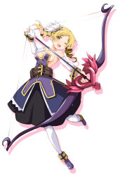 Rule 34 | 1girl, archer (disgaea), archer (disgaea) (cosplay), blonde hair, blush, bow, breasts, cosplay, disgaea, drill hair, hair ornament, hairpin, iwashi dorobou -r-, large breasts, looking at viewer, magical girl, mahou shoujo madoka magica, mahou shoujo madoka magica (anime), open mouth, pleated skirt, skirt, smile, solo, tomoe mami, twin drills, weapon, yellow eyes