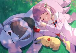 Rule 34 | 1girl, arched bangs, blue pants, cardigan, closed eyes, closed mouth, coat, collared shirt, creatures (company), eyelashes, game freak, gen 1 pokemon, gen 2 pokemon, gloves, granbull, hair ornament, hairclip, highres, holding, lacey (pokemon), long sleeves, nemunemu 0826, nintendo, open clothes, open mouth, pants, pikachu, pink hair, pokemon, pokemon (creature), pokemon sv, red gloves, shirt, single glove, sleeping, sleeping on person, smile, white shirt