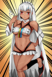 Rule 34 | 1girl, altera (fate), aoshima, bare shoulders, breasts, commentary request, dark-skinned female, dark skin, detached sleeves, fate/grand order, fate (series), highres, large breasts, long hair, midriff, navel, red eyes, revealing clothes, short hair, solo, standing, underboob, veil, white hair