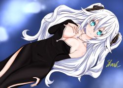 Rule 34 | 1girl, aqua eyes, artist name, bare shoulders, black dress, black heart (neptunia), breasts, cleavage, commentary request, cowboy shot, dress, hair between eyes, hair ornament, heart, heart necklace, jewelry, long hair, looking at viewer, necklace, neptune (series), noire (neptunia), power symbol, power symbol-shaped pupils, shaah candidate, solo, symbol-shaped pupils, white hair