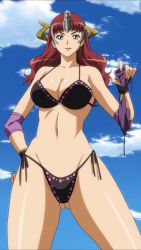 Rule 34 | 1girl, bare shoulders, bikini, black bikini, blue sky, breasts, claudette (queen&#039;s blade), cleavage, closed mouth, collarbone, day, earrings, eyebrows, feet out of frame, female focus, forehead protector, gluteal fold, green eyes, groin, hand on own hip, highres, jewelry, large breasts, legs apart, lips, long hair, looking at viewer, navel, outdoors, queen&#039;s blade, red hair, shiny skin, side-tie bikini bottom, sky, smile, solo, standing, swimsuit, wristband