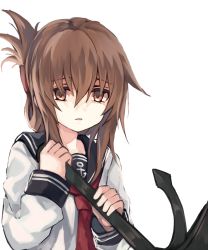 Rule 34 | 1girl, anchor, anchor symbol, black sailor collar, blush, brown hair, commentary, folded ponytail, hair between eyes, hair ornament, hairclip, highres, inazuma (kancolle), kantai collection, long hair, long sleeves, natsuyuki, neckerchief, open mouth, red neckerchief, sailor collar, school uniform, serafuku, shirt, simple background, white background, white shirt