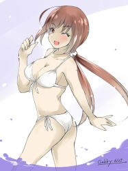 Rule 34 | 1girl, ahoge, artist name, ass, bikini, breasts, brown eyes, brown hair, cleavage, cowboy shot, dated, front-tie top, gakky, kantai collection, long hair, low twintails, medium breasts, one-hour drawing challenge, one eye closed, side-tie bikini bottom, solo, swimsuit, tashkent (kancolle), twintails, wading, water, white bikini