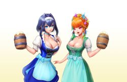 Rule 34 | 2girls, alternate costume, apron, beer can, blue eyes, blue hair, breasts, can, cleavage, collarbone, cross-laced clothes, cross-laced dress, dirndl, dress, drink can, flower, german clothes, gradient background, grin, hair flower, hair intakes, hair ornament, hairband, head wreath, highres, hololive, hololive english, large breasts, looking at viewer, medium hair, multiple girls, official alternate costume, open mouth, orange hair, ouro kronii, purple eyes, simonz1987, simple background, smile, takanashi kiara, virtual youtuber, waist apron