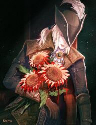 Rule 34 | 1girl, artist name, ascot, blonde hair, bloodborne, brown gloves, closed eyes, closed mouth, commentary, eyelashes, flower, gloves, hat, holding, holding flower, lady maria of the astral clocktower, on chair, rashuu, red lips, sitting, sunflower, tricorne, twitter username, white ascot