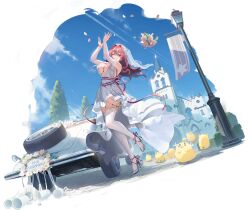 Rule 34 | 1girl, ahoge, arms up, azur lane, bird, blue sky, bouquet toss, breasts, bremerton (azur lane), bremerton (joyride of love) (azur lane), bridal veil, car, chick, church, day, dress, floating hair, flower, full body, garter straps, hair flower, hair intakes, hair ornament, high heels, highres, jewelry, katsudansou, lace, lace-trimmed legwear, lace trim, large breasts, long hair, looking at viewer, manjuu (azur lane), motor vehicle, multicolored hair, official alternate costume, official art, one eye closed, outdoors, petals, pink eyes, pink hair, ribbon, ring, sky, standing, standing on one leg, stiletto heels, streaked hair, striped, striped ribbon, thighhighs, veil, wedding dress, wedding ring, white dress, white thighhighs