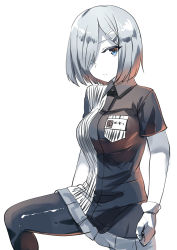 Rule 34 | 1girl, alternate costume, bad id, bad nicoseiga id, belko, black pantyhose, blue eyes, breasts, closed mouth, collared shirt, expressionless, gloves, hair ornament, hair over one eye, hairclip, hamakaze (kancolle), kantai collection, knee up, large breasts, lawson, limited palette, looking at viewer, pantyhose, pleated skirt, shirt, short hair, short sleeves, silver hair, simple background, skirt, solo, white background, white gloves