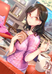 Rule 34 | 1girl, book, book on breasts, brown eyes, brown hair, cake, cake slice, chair, coffee, coffee mug, controller, cup, food, galaxy angel, glasses, highres, holding, holding book, holding cup, mikazuki akira!, mug, normad, original, pink sweater, pov, pov hands, reading, remote control, ribbed sweater, shelf, sitting, smile, solo focus, stuffed animal, stuffed toy, sweater, television
