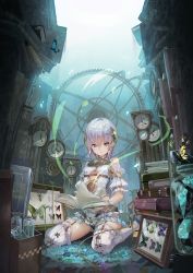 Rule 34 | 1girl, atelier (series), atelier sophie, book, breasts, bug, butterfly, clock, female focus, grandfather clock, highres, bug, kneeling, official art, plachta, silver hair, small breasts, solo, symbol-shaped pupils, thighhighs