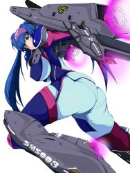 Rule 34 | 1girl, arajin (arazinz), armor, ass, bandana, blue hair, bodysuit, breasts, dutch angle, eyebrows, flying, giant, giantess, green eyes, jetpack, klan klein, large breasts, legs, long hair, looking at viewer, looking back, macross, macross frontier, mecha musume, meltrandi, multicolored clothes, pantylines, pilot suit, purple bodysuit, rocket launcher, s.m.s., science fiction, shield, simple background, skin tight, solo, spacesuit, spoilers, super pack, thighs, very long hair, vf-25, weapon, white background, zentradi