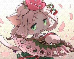 Rule 34 | 1girl, :3, animal ear fluff, animal ears, body fur, cat, cat busters, cat ears, cat girl, cat tail, cherry blossoms, commentary request, detached sleeves, flower, furry, furry female, green eyes, hair flower, hair ornament, hand fan, long hair, looking at viewer, nekoguruma, open mouth, paper fan, sakuya (cat busters), slit pupils, solo, tail, whiskers