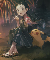 Rule 34 | 1boy, black hair, blush, brown footwear, child, creatures (company), cup, eating, fireworks, food, game freak, gen 1 pokemon, grey eyes, highres, holding, holding cup, holding spoon, japanese clothes, kimono, male focus, maumaujanken, night, nintendo, open mouth, outdoors, pikachu, pokemon, pokemon (creature), pokemon legends: arceus, rei (pokemon), sandals, shaved ice, short hair, sitting, sky, spoon, sweatdrop, tongue