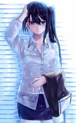 Rule 34 | 1girl, absurdres, artist request, black eyes, black hair, commentary request, cowboy shot, gloves, unworn gloves, hair between eyes, highres, jacket, unworn jacket, kantai collection, long hair, long sleeves, looking at viewer, miniskirt, nachi (kancolle), nachi kai ni (kancolle), pantyhose, see-through, side ponytail, skirt, solo, unbuttoned, very long hair, wet, white pantyhose