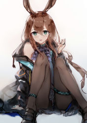 Rule 34 | 1girl, amiya (arknights), animal ears, anklet, arknights, black coat, black footwear, black pantyhose, black skirt, brown hair, coat, collar, cuy7, frilled collar, frills, full body, gradient background, green eyes, grey background, hair between eyes, highres, hood, hooded coat, jewelry, knees to chest, long hair, looking at viewer, miniskirt, multiple rings, neck ring, off shoulder, open mouth, pantyhose, plaid, plaid skirt, ponytail, rabbit ears, ring, shirt, shoes, simple background, sitting, skirt, sleeveless, sleeveless shirt, solo, sweatdrop, thighlet, wavy mouth, white background