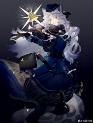 Rule 34 | absurdres, animal ear fluff, animal ears, arknights, bag, bell, black gloves, gloves, hat, highres, leopard ears, leopard tail, long hair, long skirt, looking at viewer, official alternate costume, pramanix (arknights), pramanix (caster&#039;s frost) (arknights), shoulder bag, shuiyaoximushi, silver hair, skirt, smile, solo, tail, yellow eyes