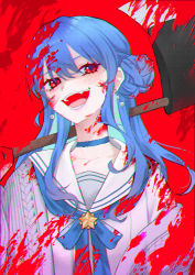 Rule 34 | 1girl, :d, alternate eye color, animal ears, axe, blood, blood on clothes, blood on face, blood splatter, blue choker, blue hair, blush, choker, collarbone, grey jacket, hair between eyes, hair bun, highres, holding, holding axe, hololive, hoshimachi suisei, hoshimachi suisei (school uniform), jacket, long hair, looking at viewer, open clothes, open jacket, open mouth, red background, red eyes, revision, saco (cgmore), sailor collar, simple background, single side bun, smile, solo, star (symbol), star in eye, sweater, symbol in eye, virtual youtuber, white sailor collar