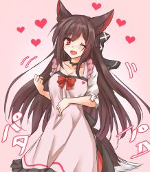 Rule 34 | 1girl, ;d, amagi (amagi626), animal ears, apron, black bow, black choker, blush, bow, breasts, brown hair, choker, cleavage, clenched hand, collarbone, commentary request, dress, fang, feet out of frame, frilled apron, frills, gradient background, hair between eyes, hair bow, head tilt, heart, heart apron, highres, imaizumi kagerou, large breasts, long hair, looking at viewer, one-hour drawing challenge, one eye closed, open mouth, pink apron, pink background, red bow, red eyes, short sleeves, sidelocks, smile, solo, standing, tail, touhou, translation request, very long hair, white dress, wolf ears, wolf tail