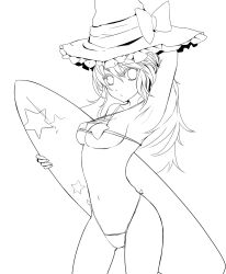 Rule 34 | 1girl, arm up, armpits, bad id, bad pixiv id, bare shoulders, bikini, breasts, greyscale, hat, highres, holding, holding behind back, kirisame marisa, lineart, long hair, monochrome, navel, skinny, slender, solo, surfboard, swimsuit, touhou, tp65pxu4, transparent background, witch hat